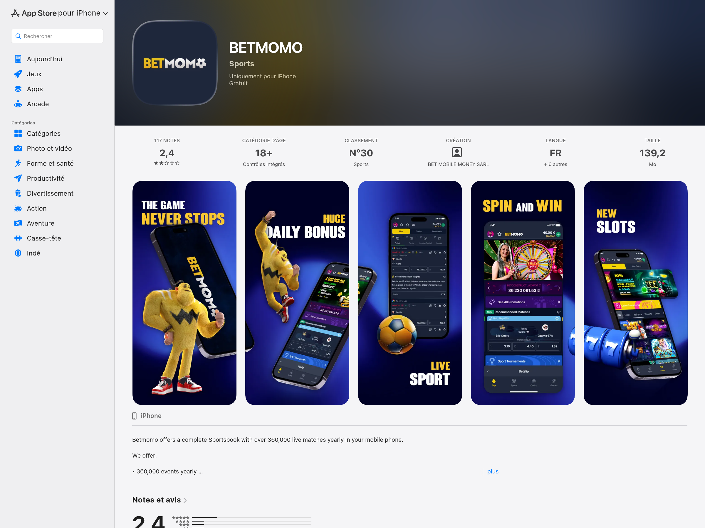 Capture datée de la fiche camerounaise de l’application