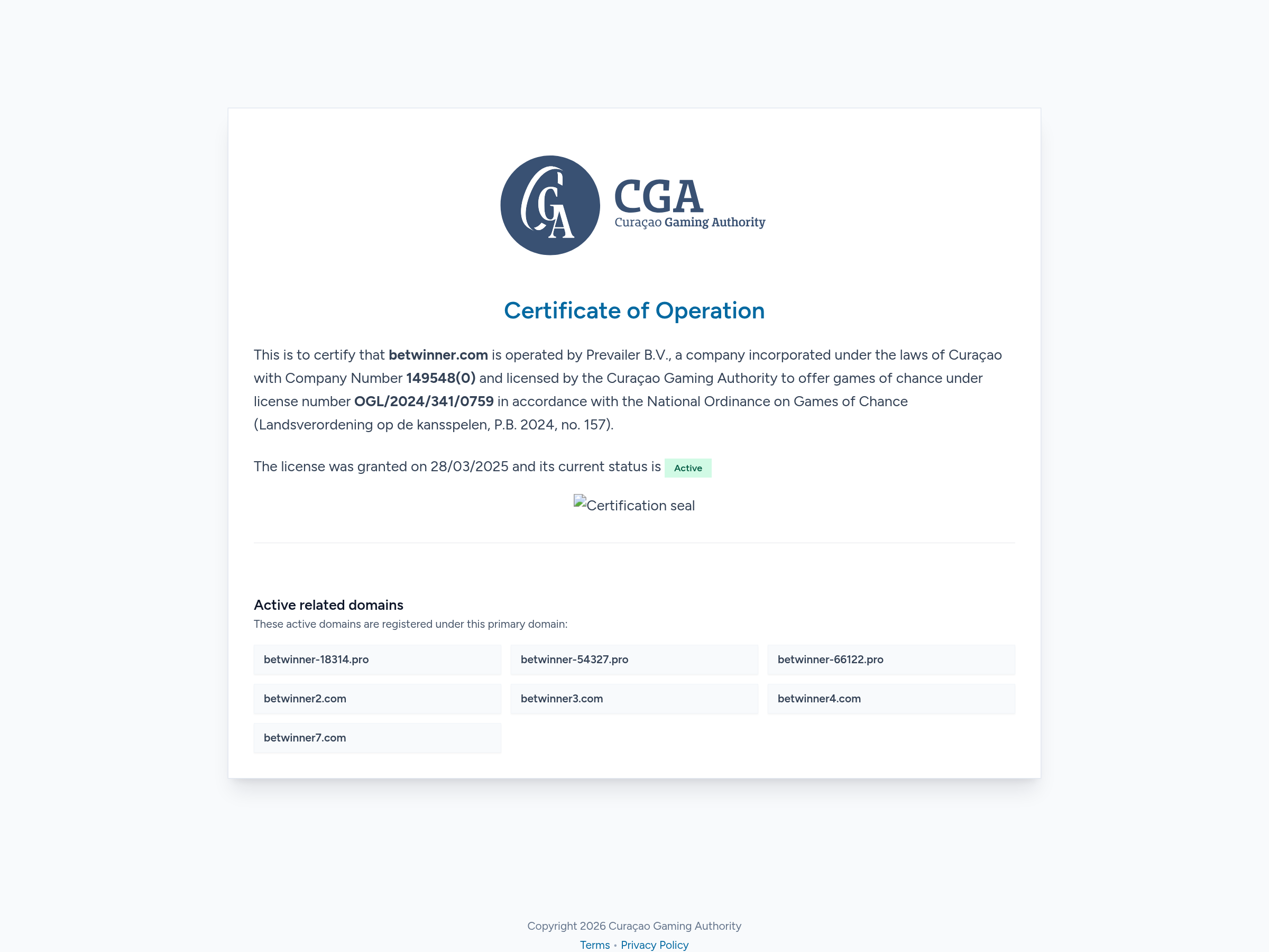 Capture du certificat CGA reliant le domaine à Prevailer B.V.