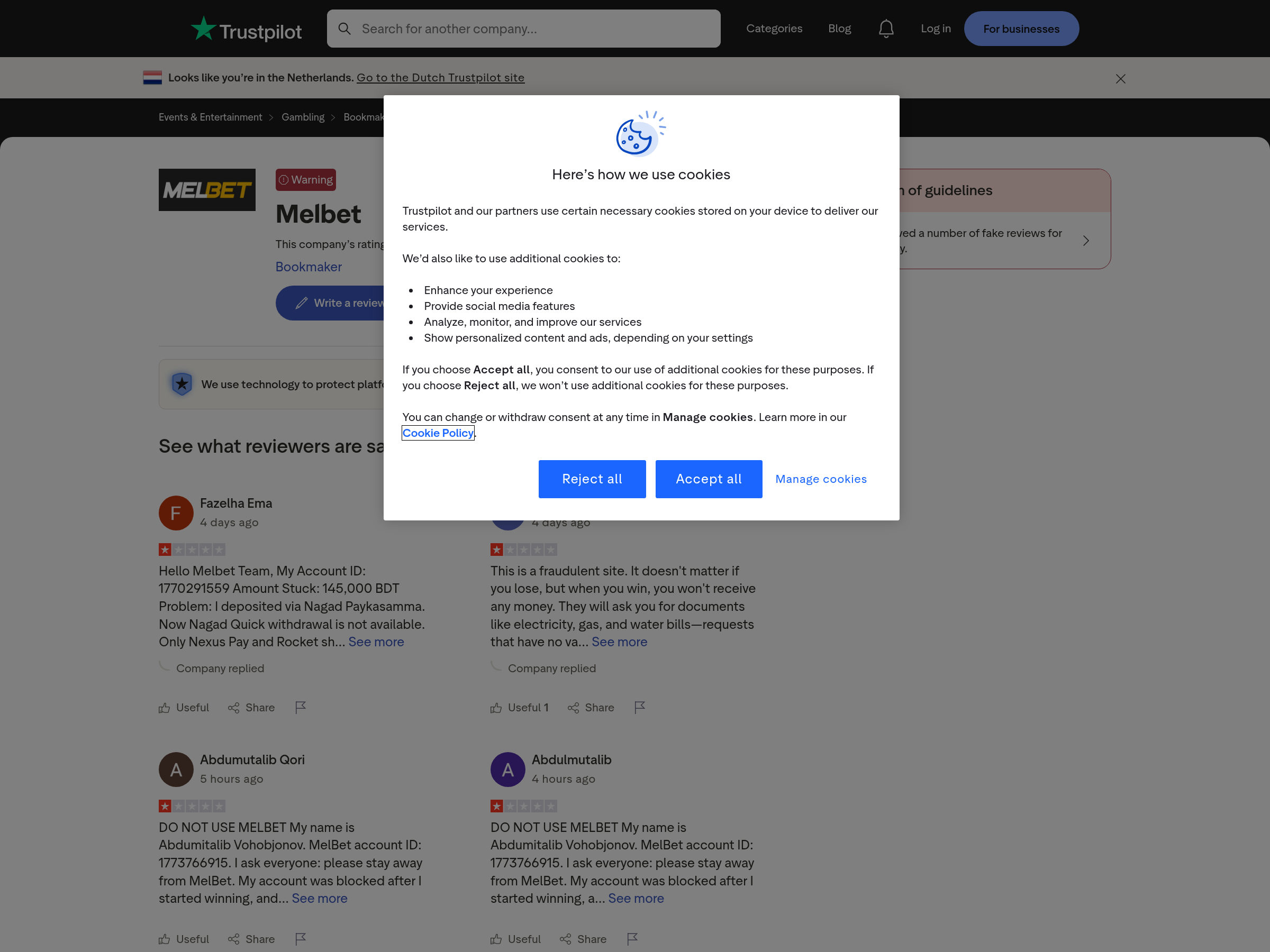 Capture datée d’avis utilisateurs internationaux concernant le domaine melbet.com